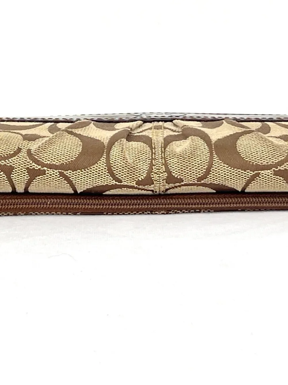 Coach Signature Canvas Khaki Jacquard Brown Leather Trifold Snap Closure Wallet